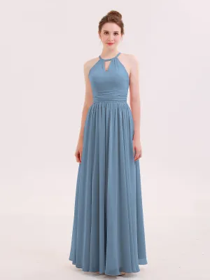 Halter Long Chiffon Dress of Bridesmaids Slate Blue Plus Size