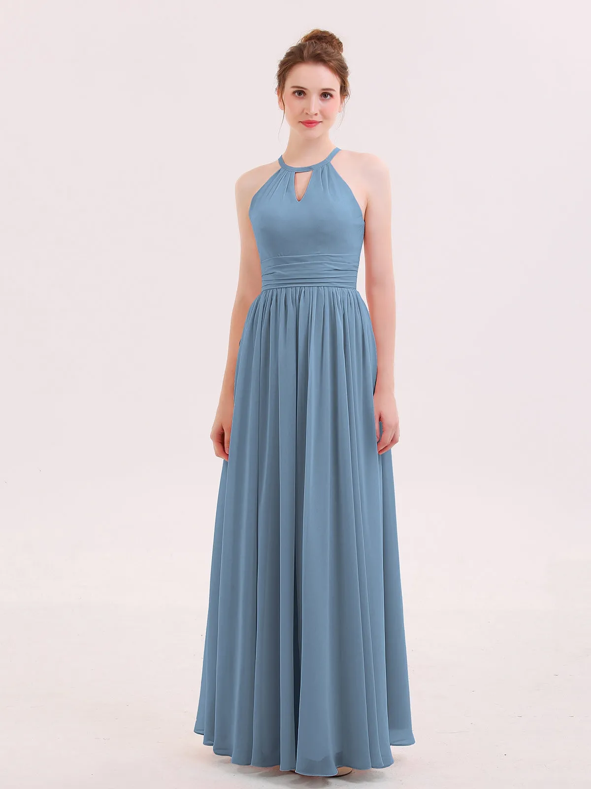Halter Long Chiffon Dress of Bridesmaids Slate Blue Plus Size
