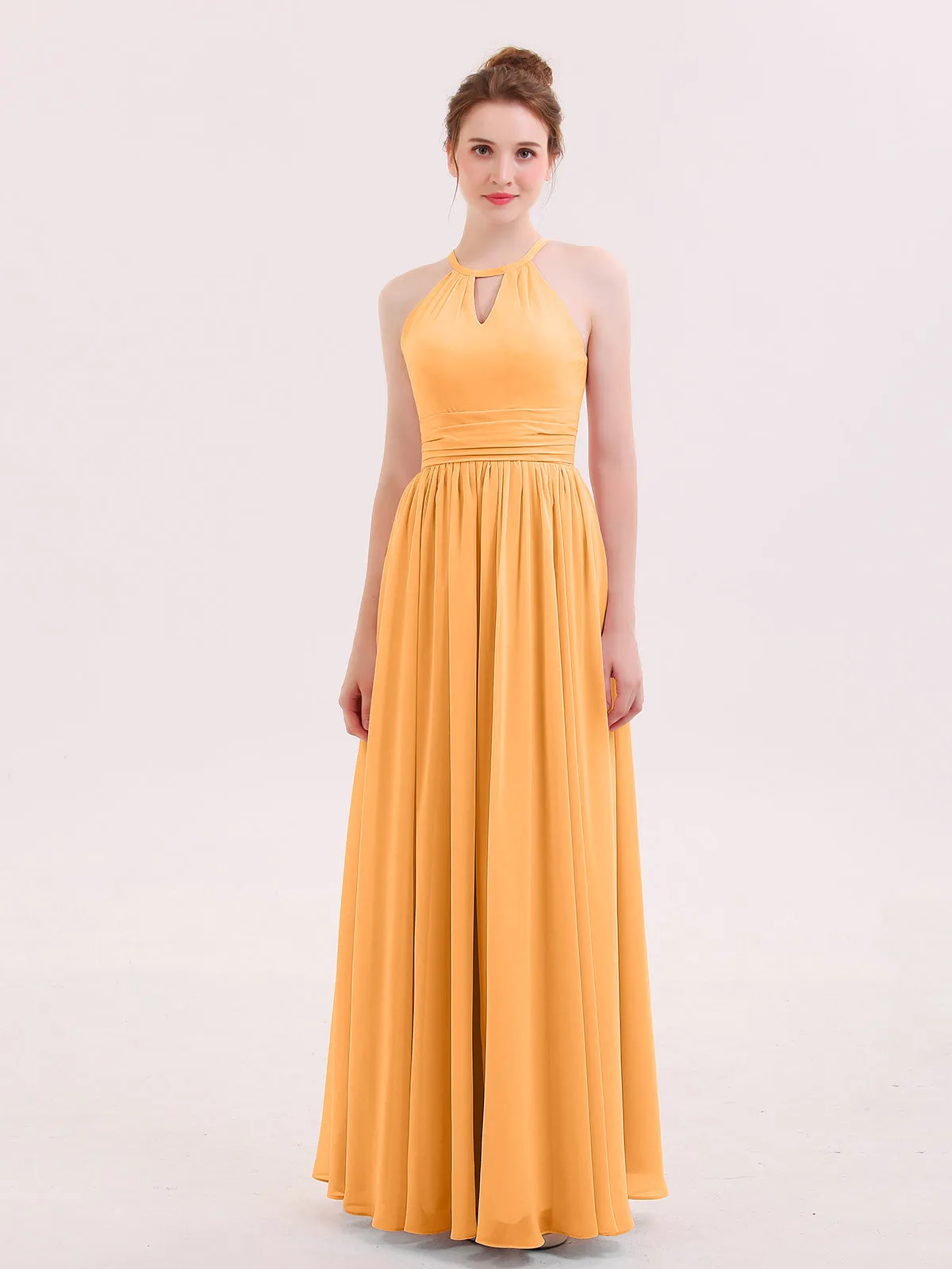 Halter Long Chiffon Dress of Bridesmaids Tangerine Plus Size