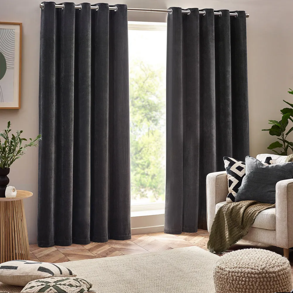 Heavy Chenille Room Darkening Eyelet Curtains Charcoal