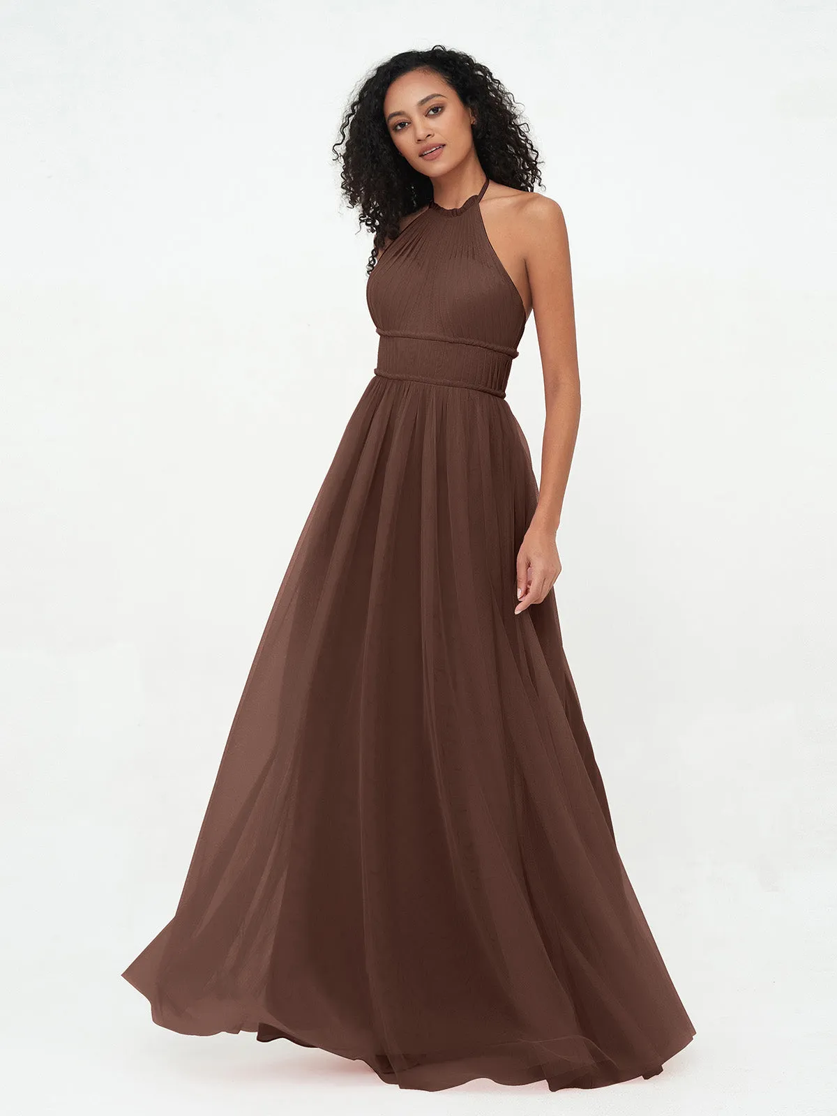 Illusion Halter Tulle Maxi Boho Dresses-Chocolate
