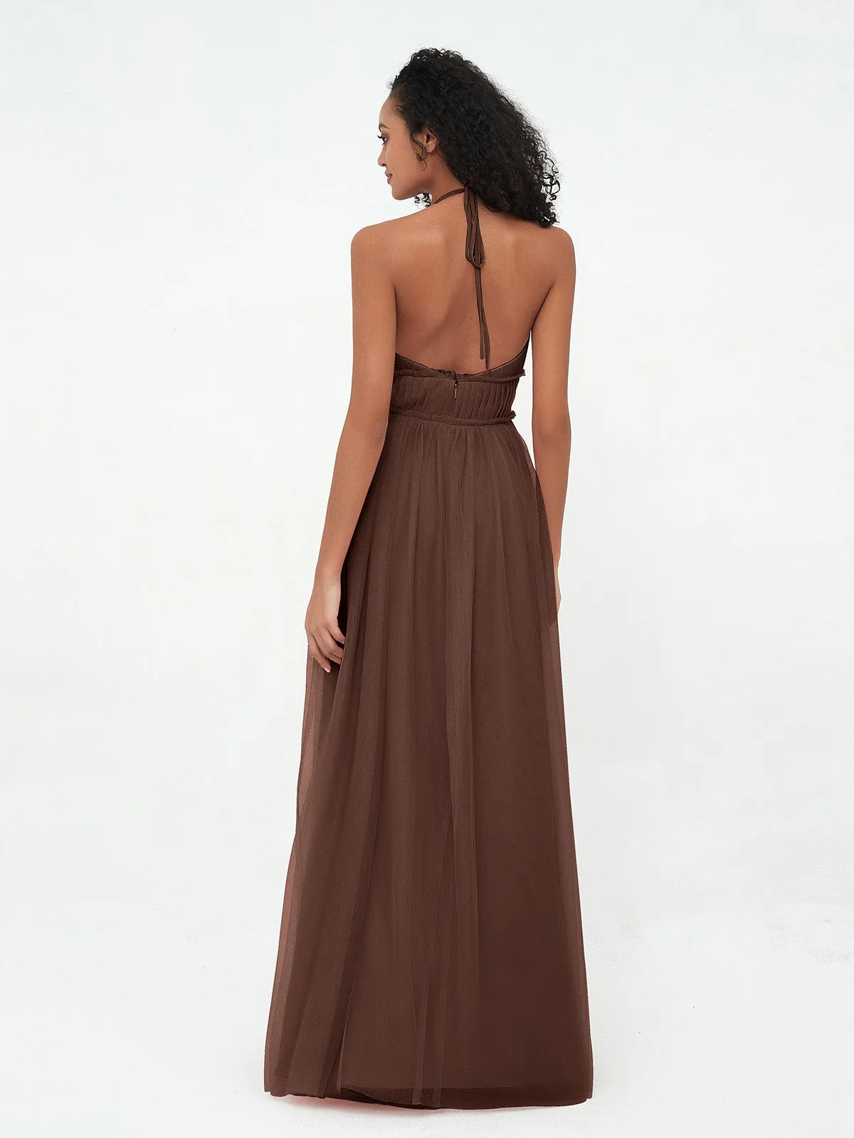 Illusion Halter Tulle Maxi Boho Dresses-Chocolate