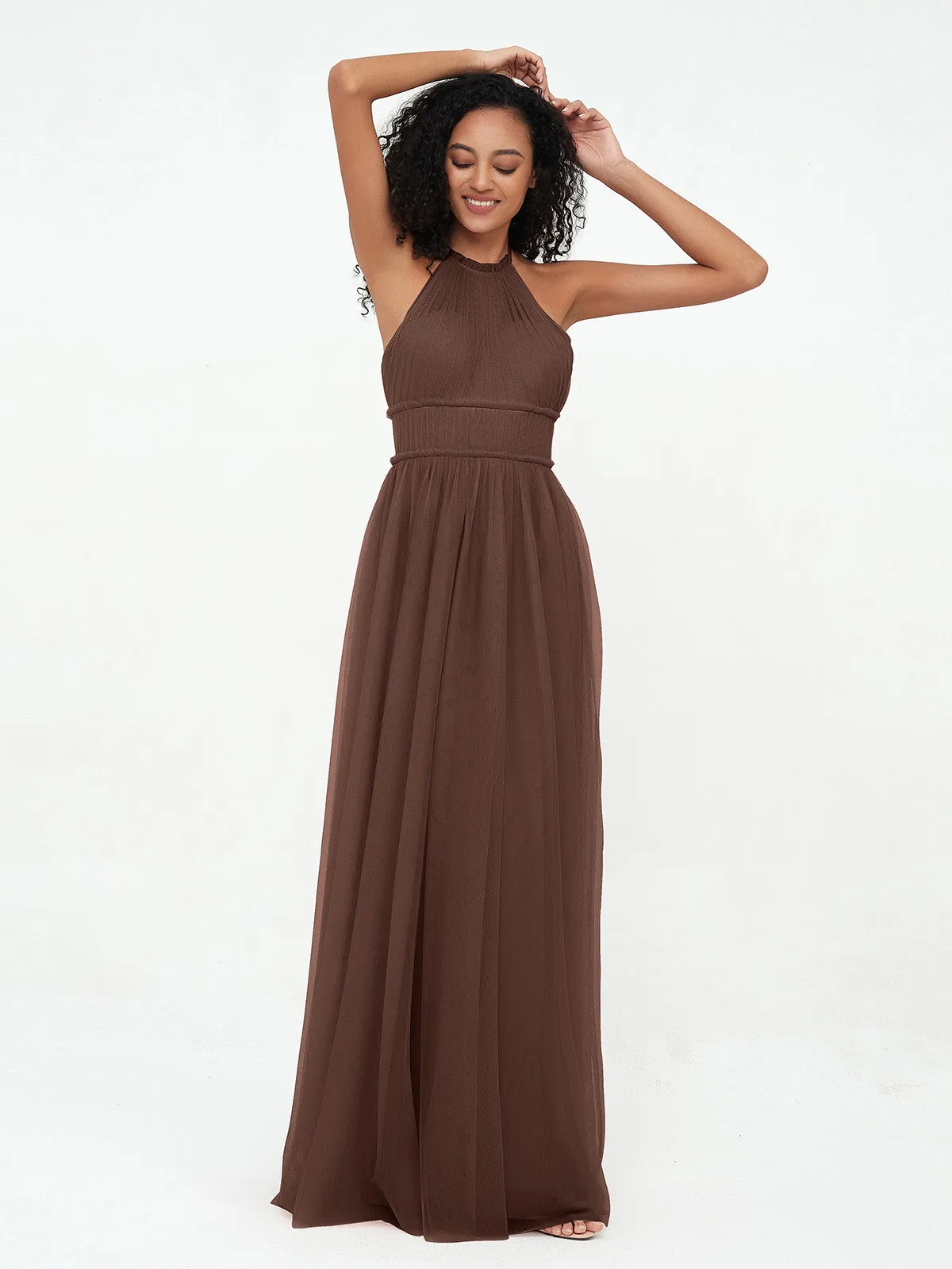 Illusion Halter Tulle Maxi Boho Dresses-Chocolate