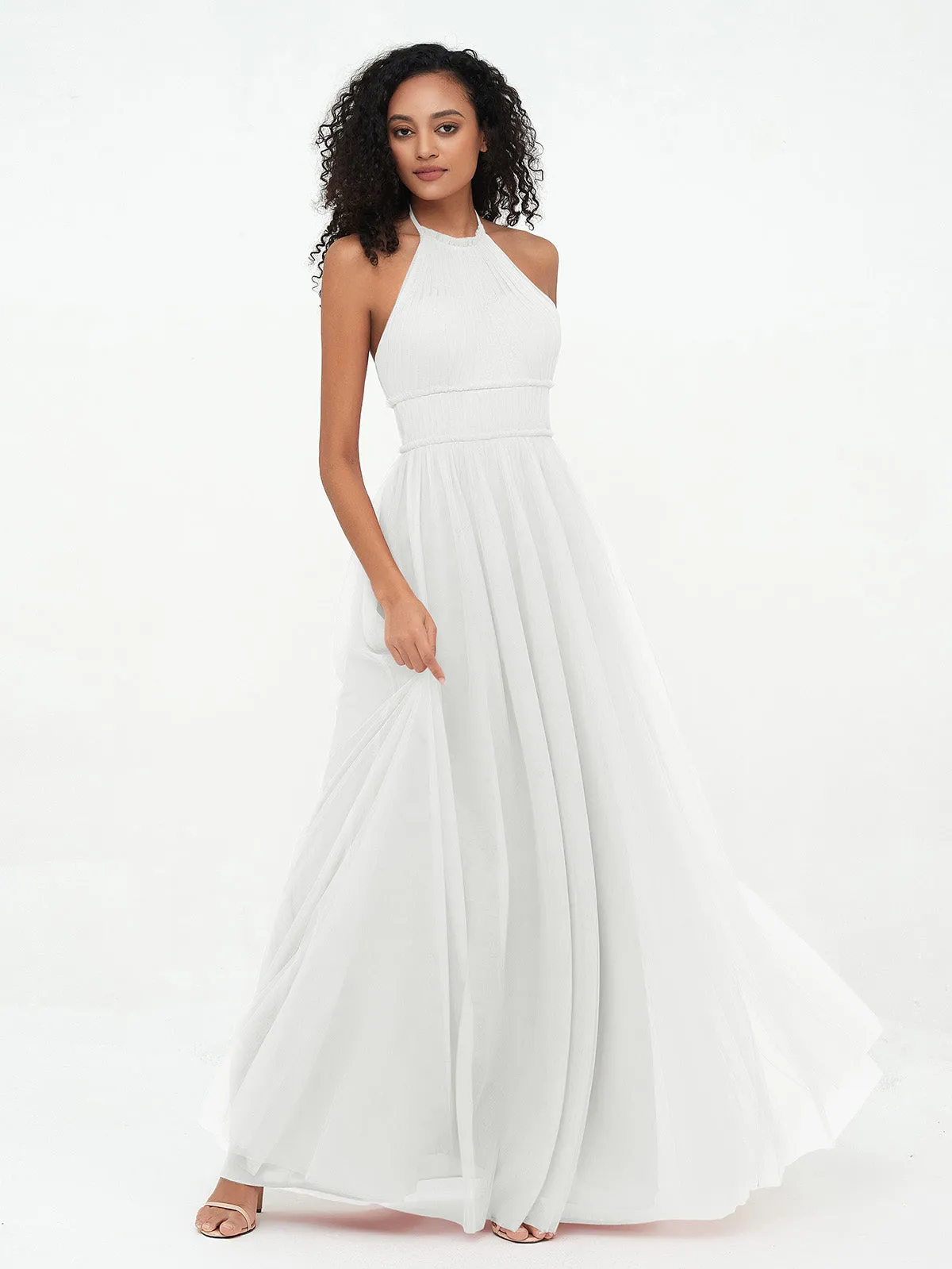 Illusion Halter Tulle Maxi Boho Dresses-Ivory Plus Size