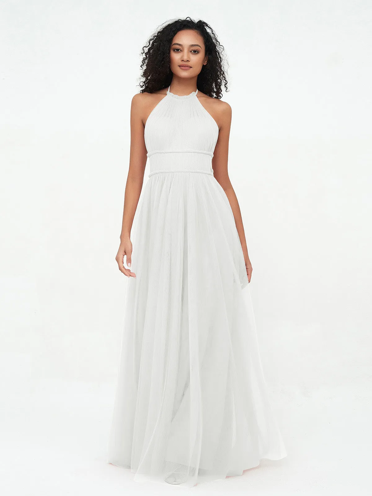 Illusion Halter Tulle Maxi Boho Dresses-Ivory Plus Size