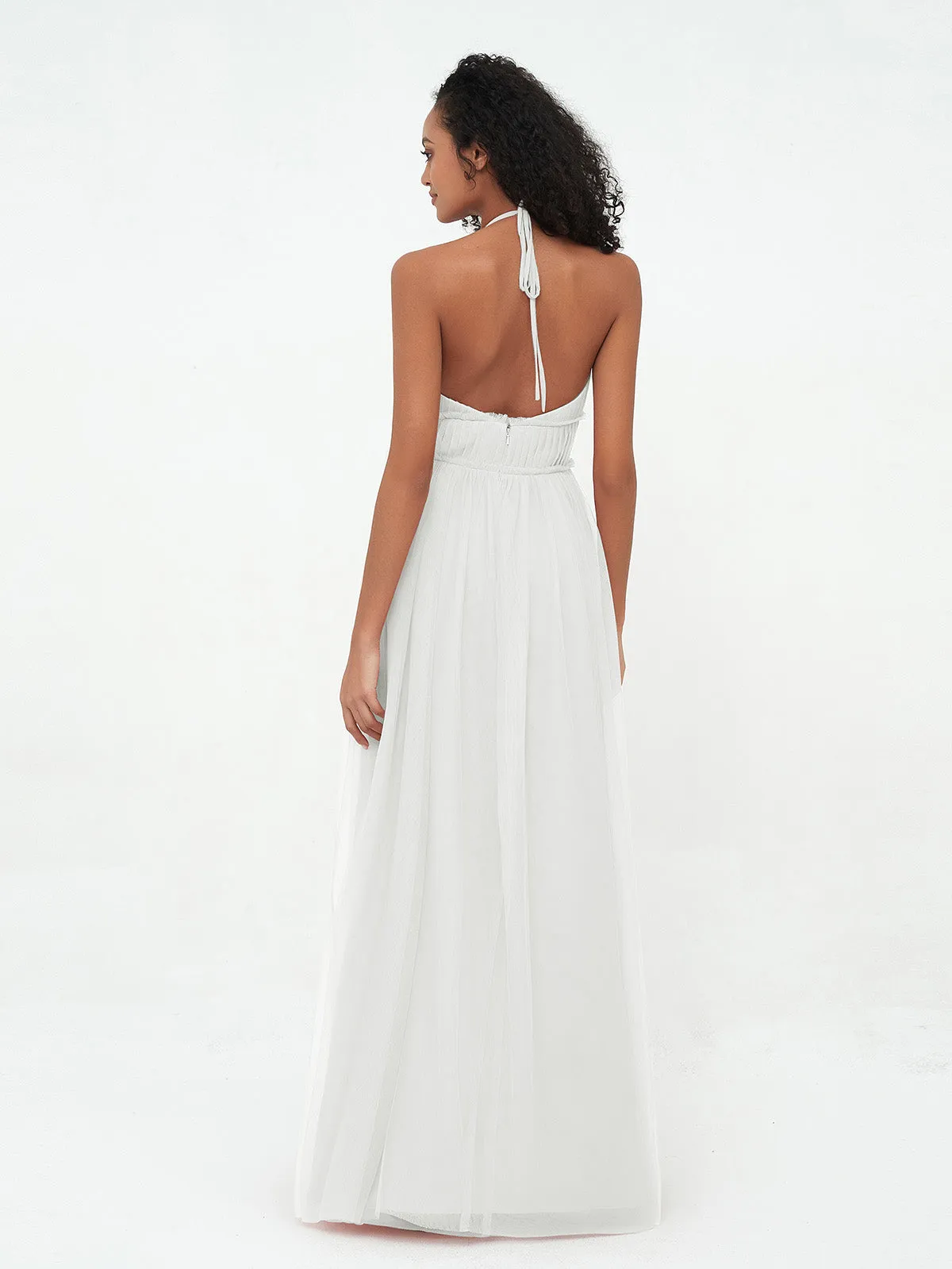 Illusion Halter Tulle Maxi Boho Dresses-Ivory Plus Size