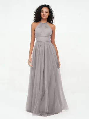Illusion Halter Tulle Maxi Boho Dresses-Silver Plus Size