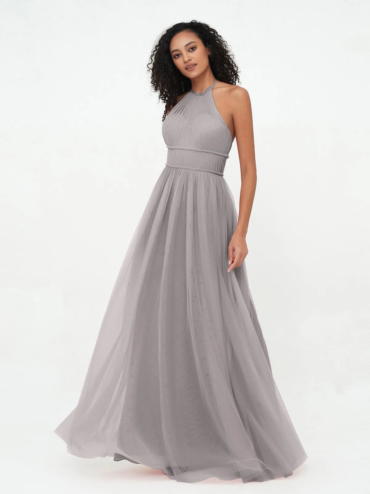 Illusion Halter Tulle Maxi Boho Dresses-Silver Plus Size