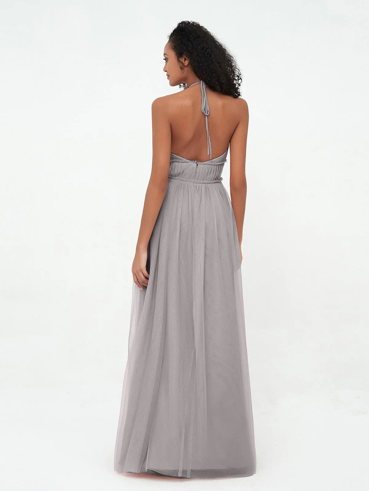 Illusion Halter Tulle Maxi Boho Dresses-Silver Plus Size