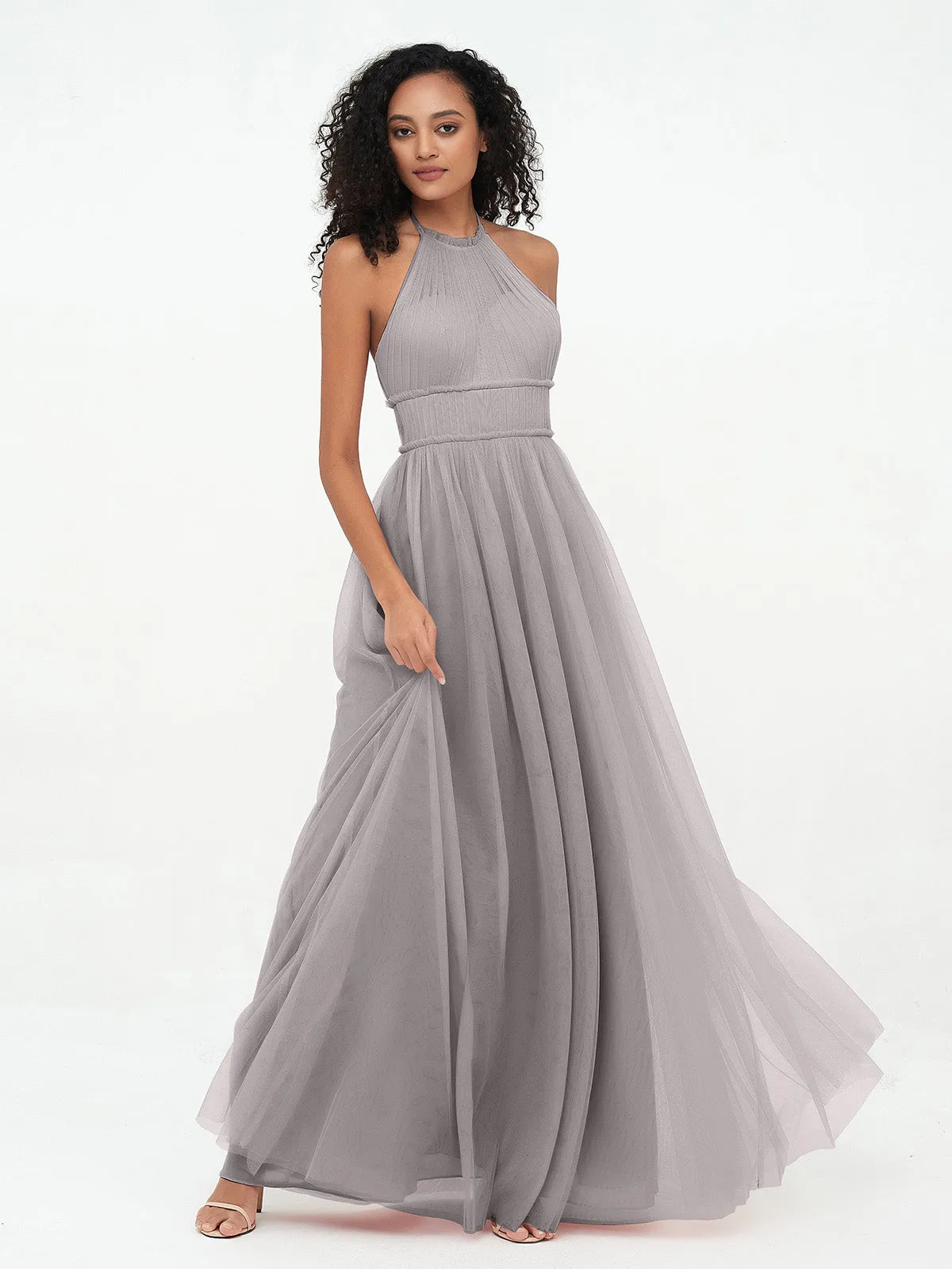 Illusion Halter Tulle Maxi Boho Dresses-Silver Plus Size