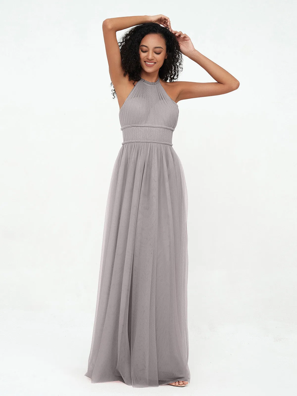 Illusion Halter Tulle Maxi Boho Dresses-Silver Plus Size