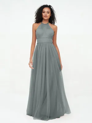 Illusion Halter Tulle Maxi Boho Dresses-Steel Grey Plus Size
