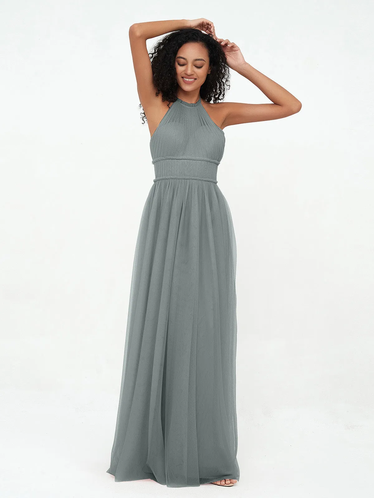 Illusion Halter Tulle Maxi Boho Dresses-Steel Grey Plus Size