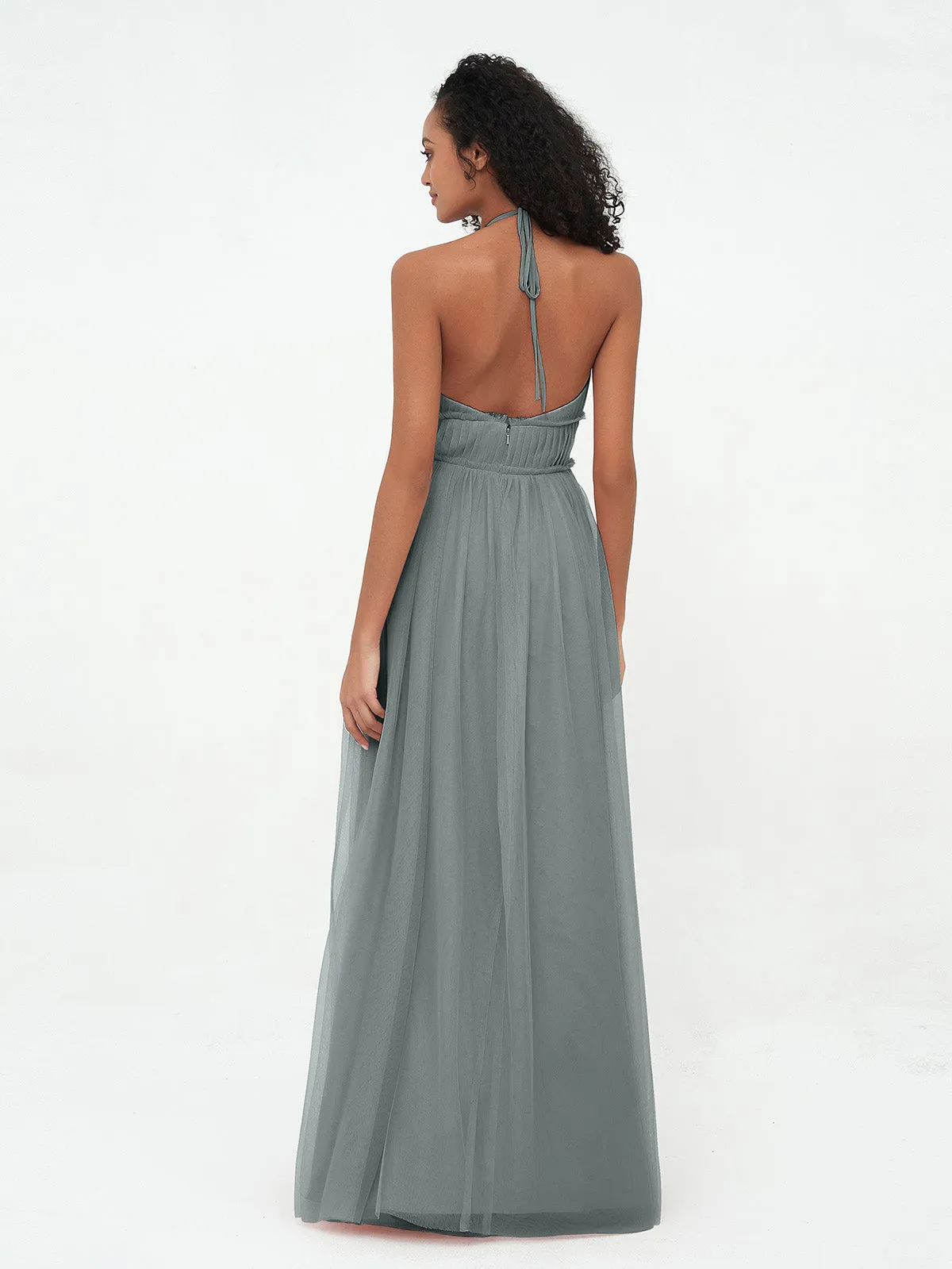 Illusion Halter Tulle Maxi Boho Dresses-Steel Grey Plus Size