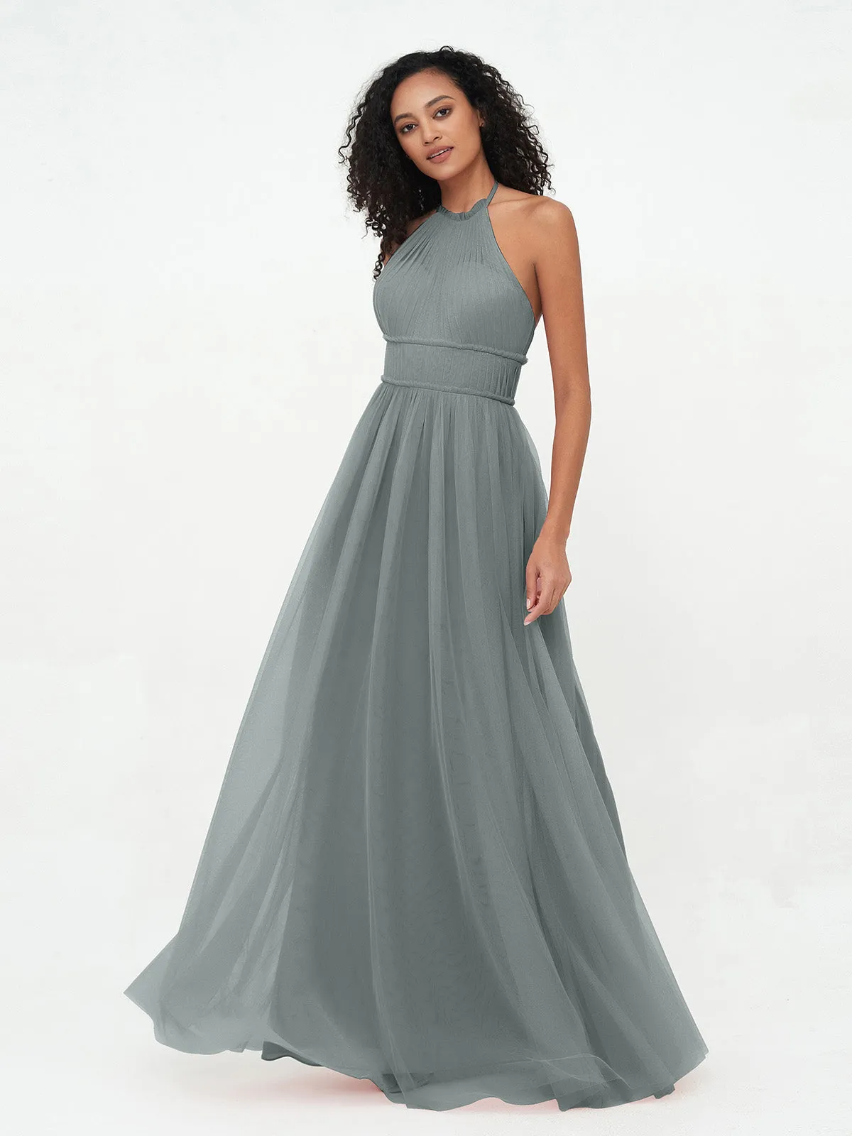 Illusion Halter Tulle Maxi Boho Dresses-Steel Grey Plus Size