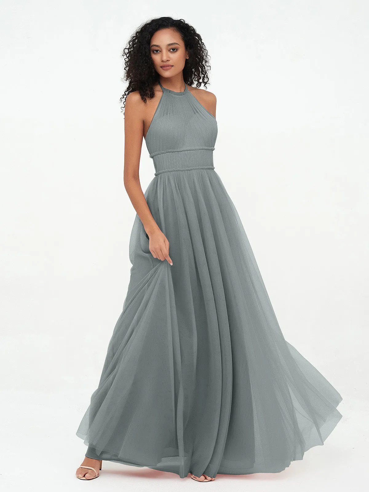 Illusion Halter Tulle Maxi Boho Dresses-Steel Grey Plus Size