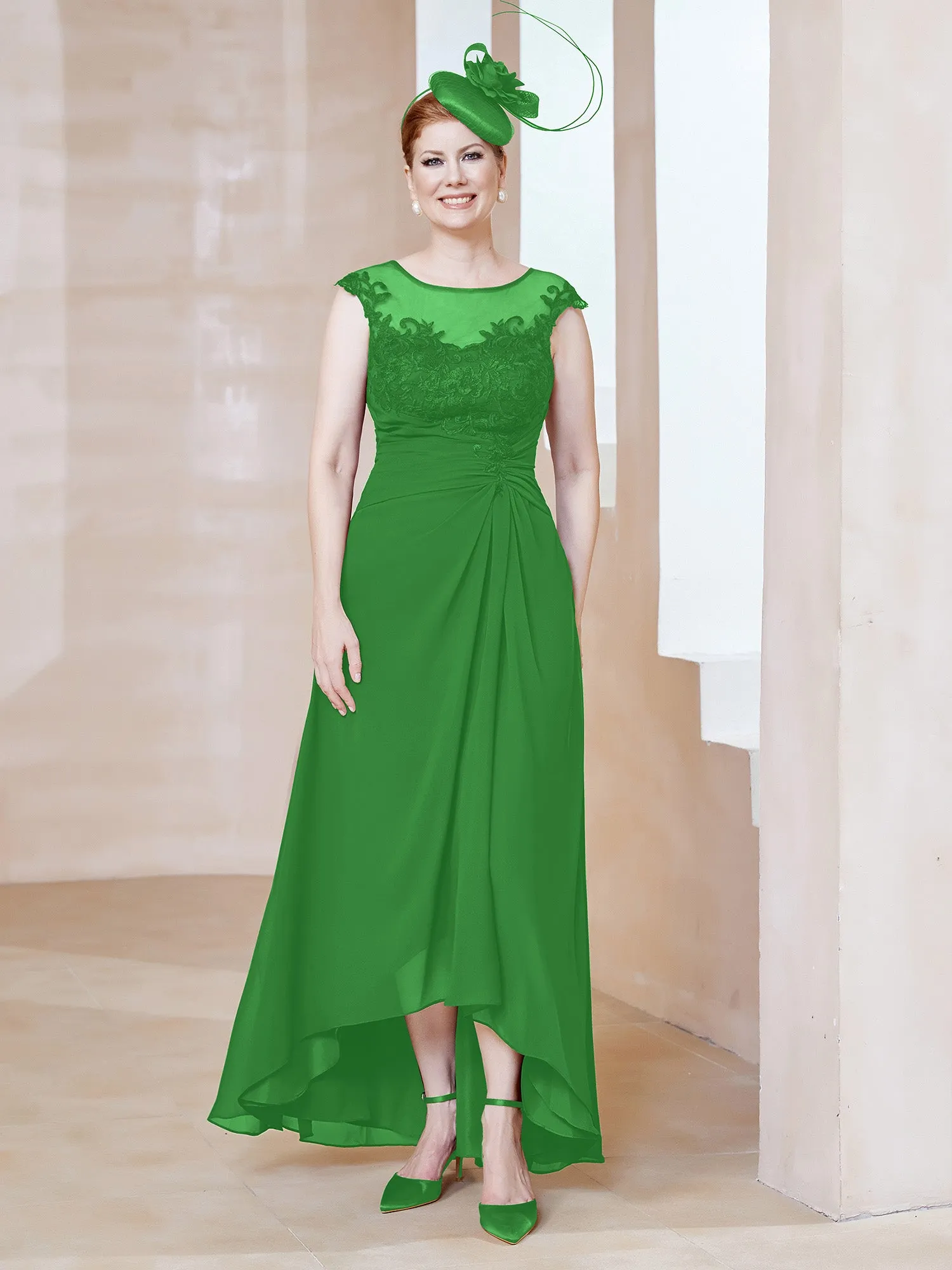 Illusion Lace Neckline Asymmetrical A-Line Dress Green