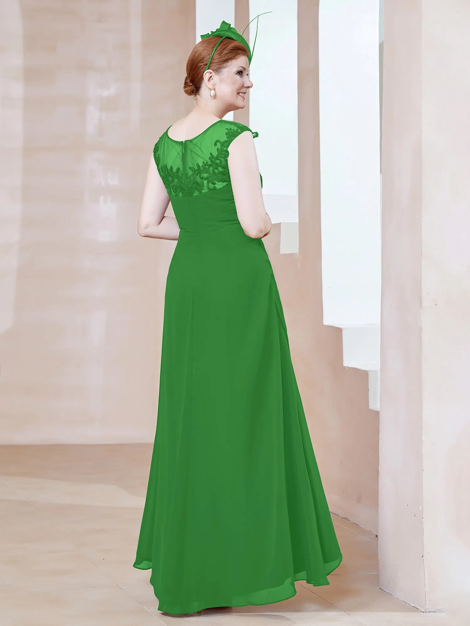 Illusion Lace Neckline Asymmetrical A-Line Dress Green