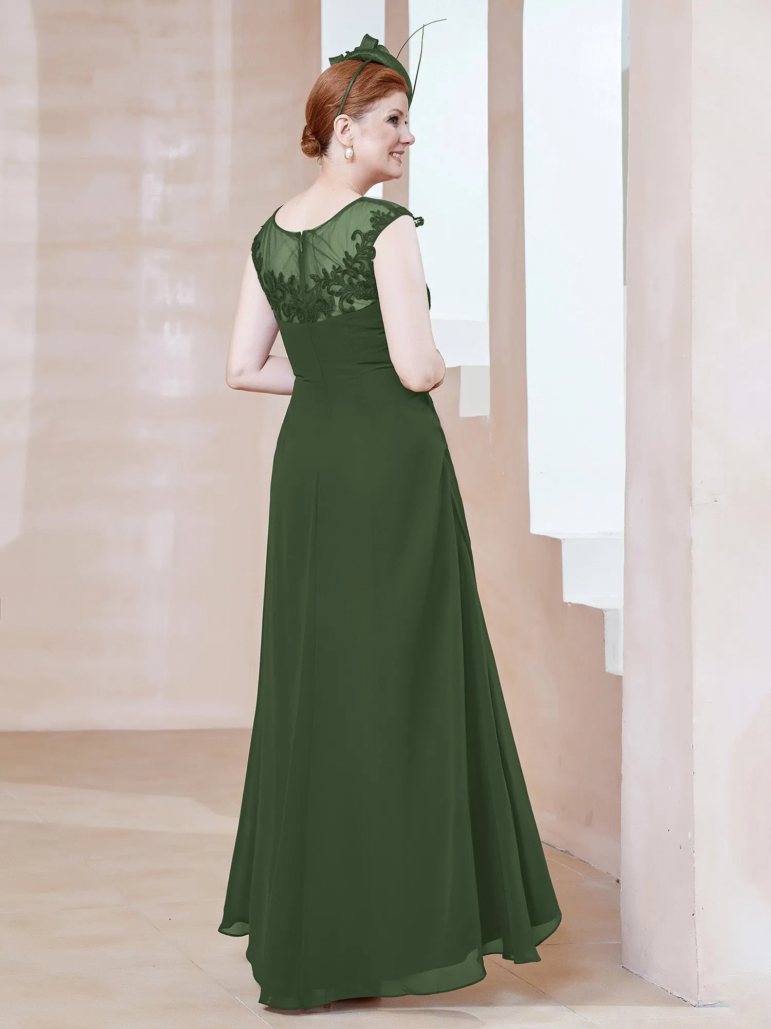 Illusion Lace Neckline Asymmetrical A-Line Dress Olive Green