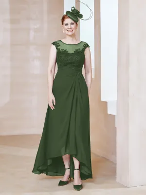 Illusion Lace Neckline Asymmetrical A-Line Dress Olive Green
