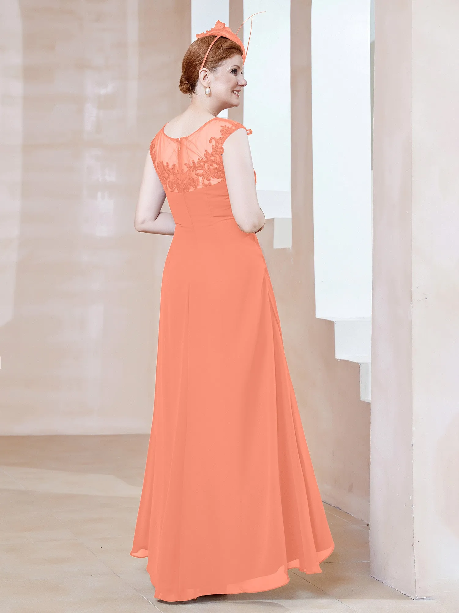 Illusion Lace Neckline Asymmetrical A-Line Dress Sunset