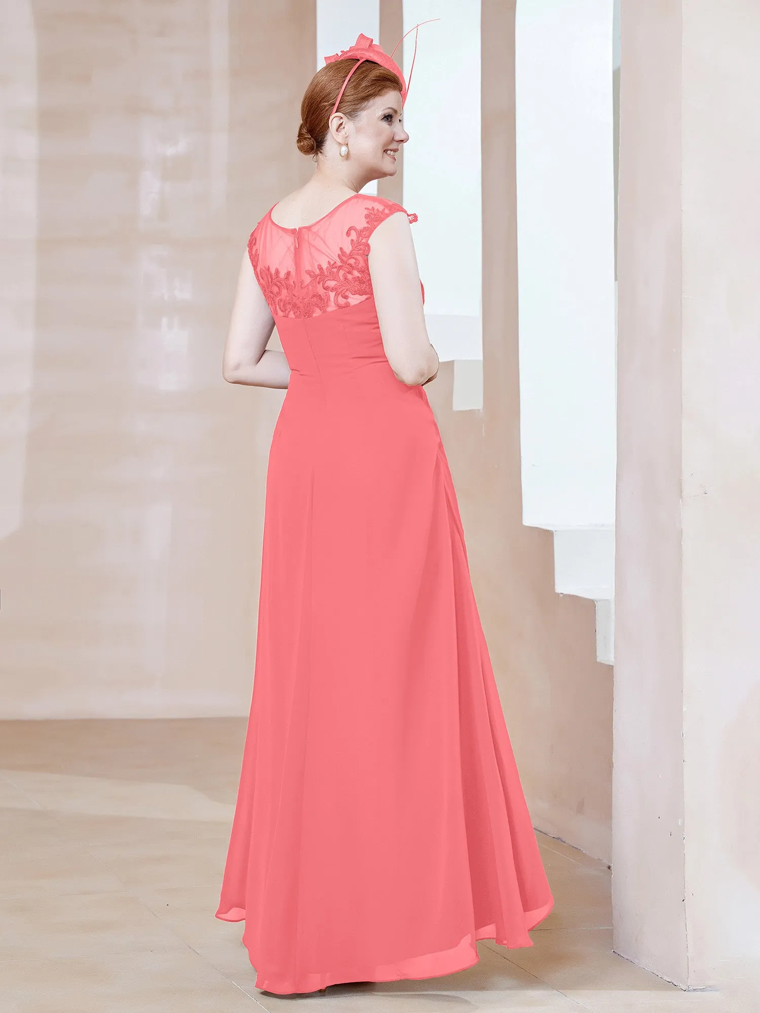 Illusion Lace Neckline Asymmetrical A-Line Dress Watermelon