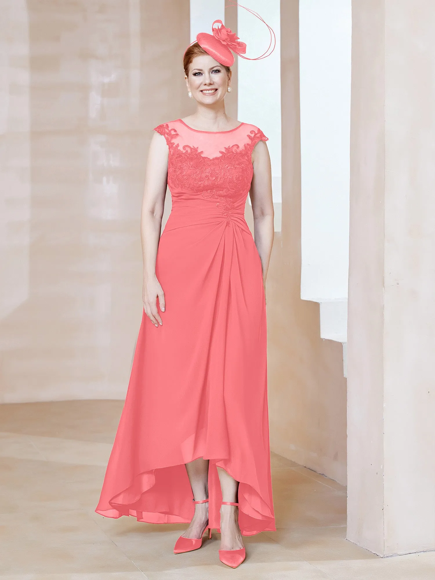 Illusion Lace Neckline Asymmetrical A-Line Dress Watermelon