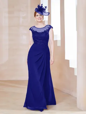 Illusion Neck Appliqued Dress With Slit Royal Blue