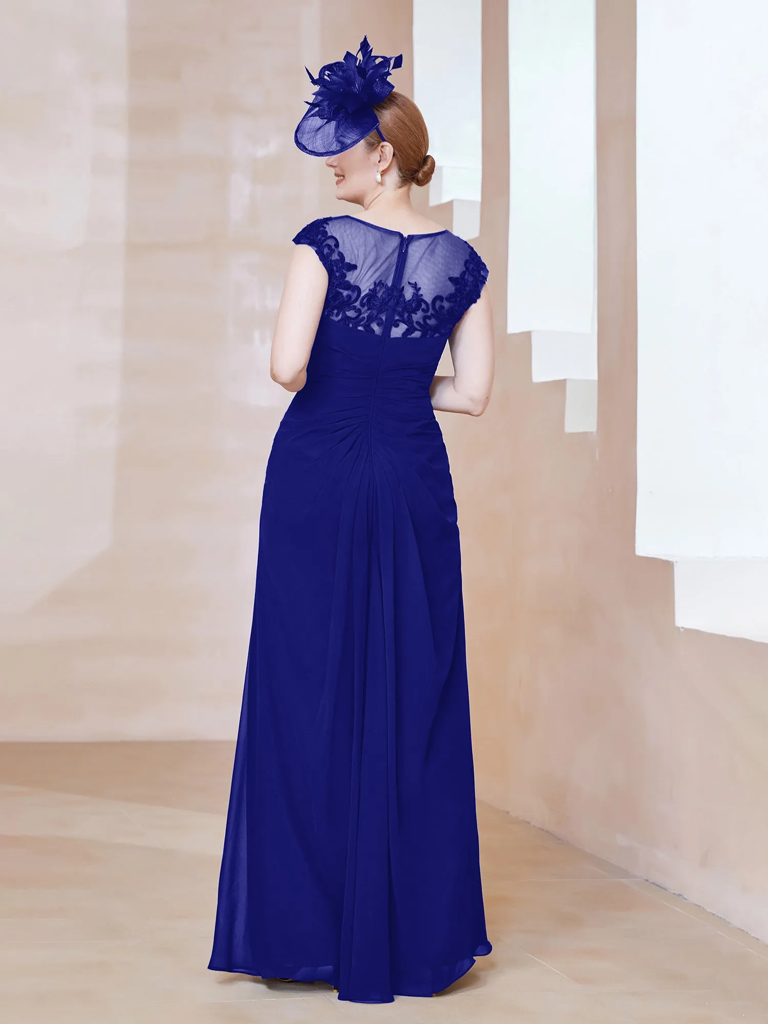 Illusion Neck Appliqued Dress With Slit Royal Blue