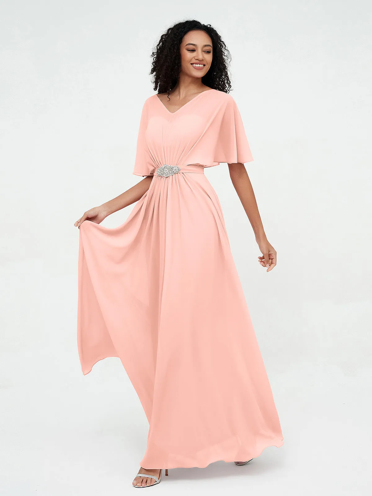 Illusion Sweetheart Neck Chiffon Max Dresses-Coral Plus Size