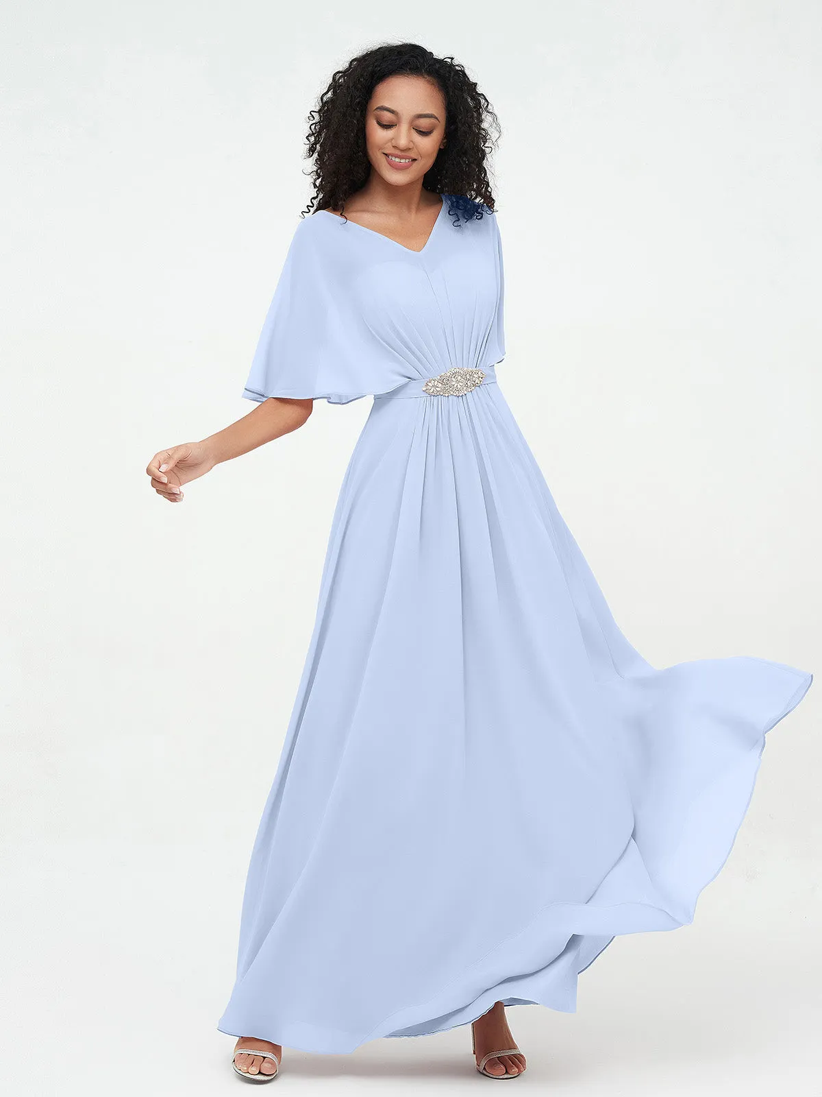 Illusion Sweetheart Neck Chiffon Max Dresses-Sky Blue Plus Size
