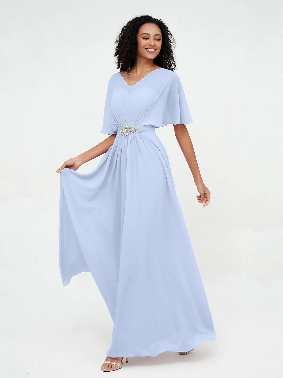 Illusion Sweetheart Neck Chiffon Max Dresses-Sky Blue Plus Size