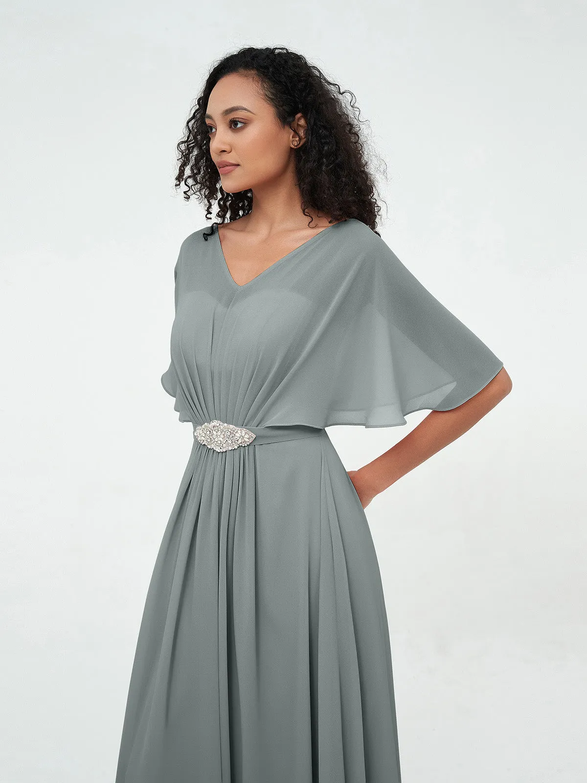 Illusion Sweetheart Neck Chiffon Max Dresses-Steel Grey Plus Size