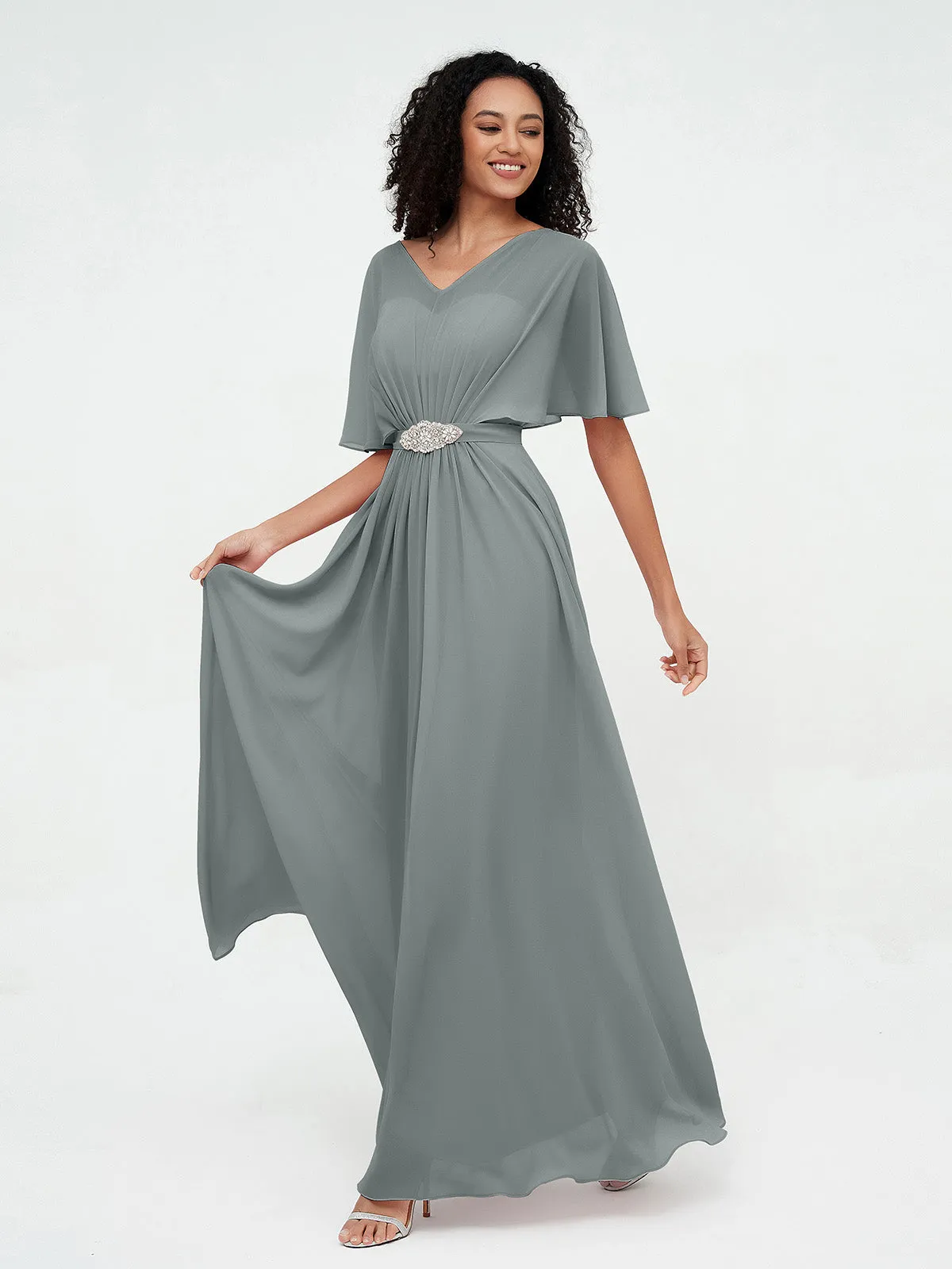 Illusion Sweetheart Neck Chiffon Max Dresses-Steel Grey Plus Size
