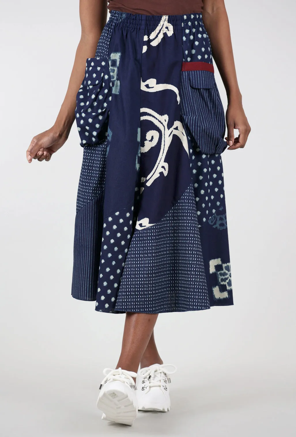 Kasuri Patch Pocket Skirt, Indigo Mix