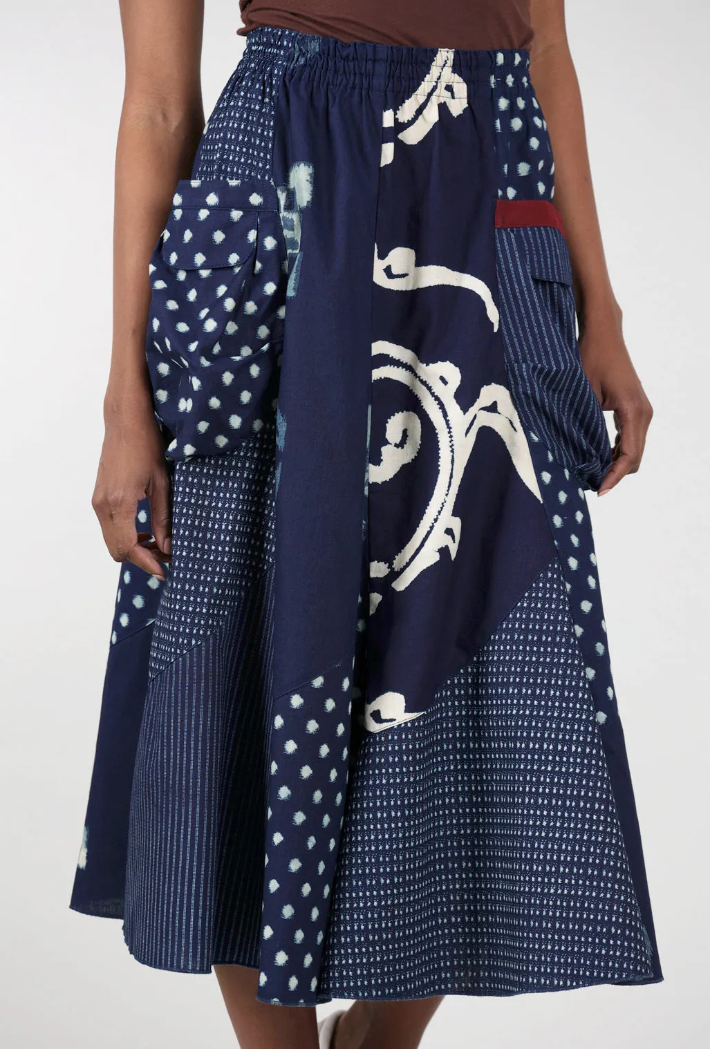 Kasuri Patch Pocket Skirt, Indigo Mix