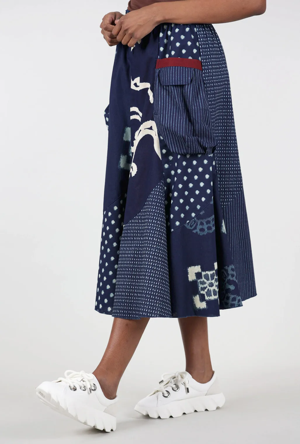 Kasuri Patch Pocket Skirt, Indigo Mix