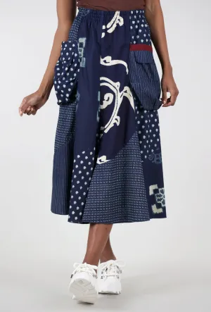 Kasuri Patch Pocket Skirt, Indigo Mix