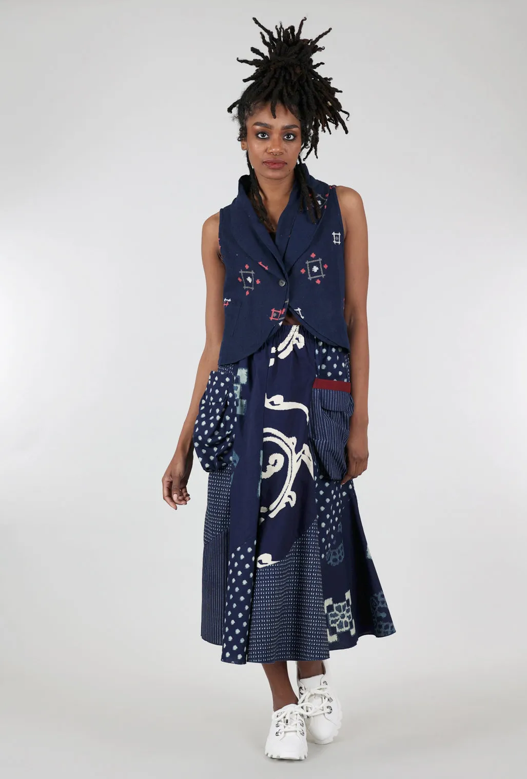 Kasuri Patch Pocket Skirt, Indigo Mix