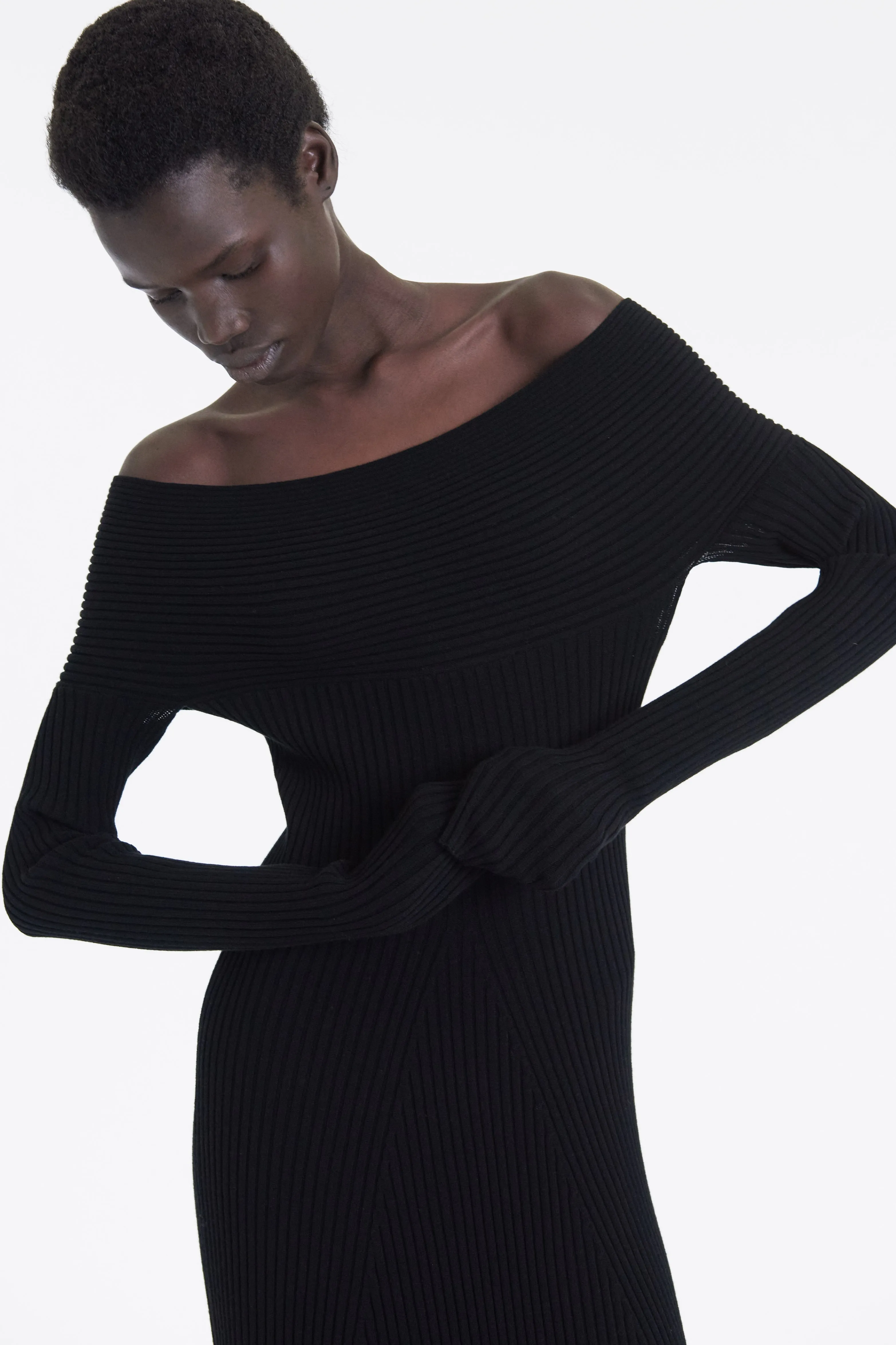 Knit Maxi Off Shoulder Dress Black