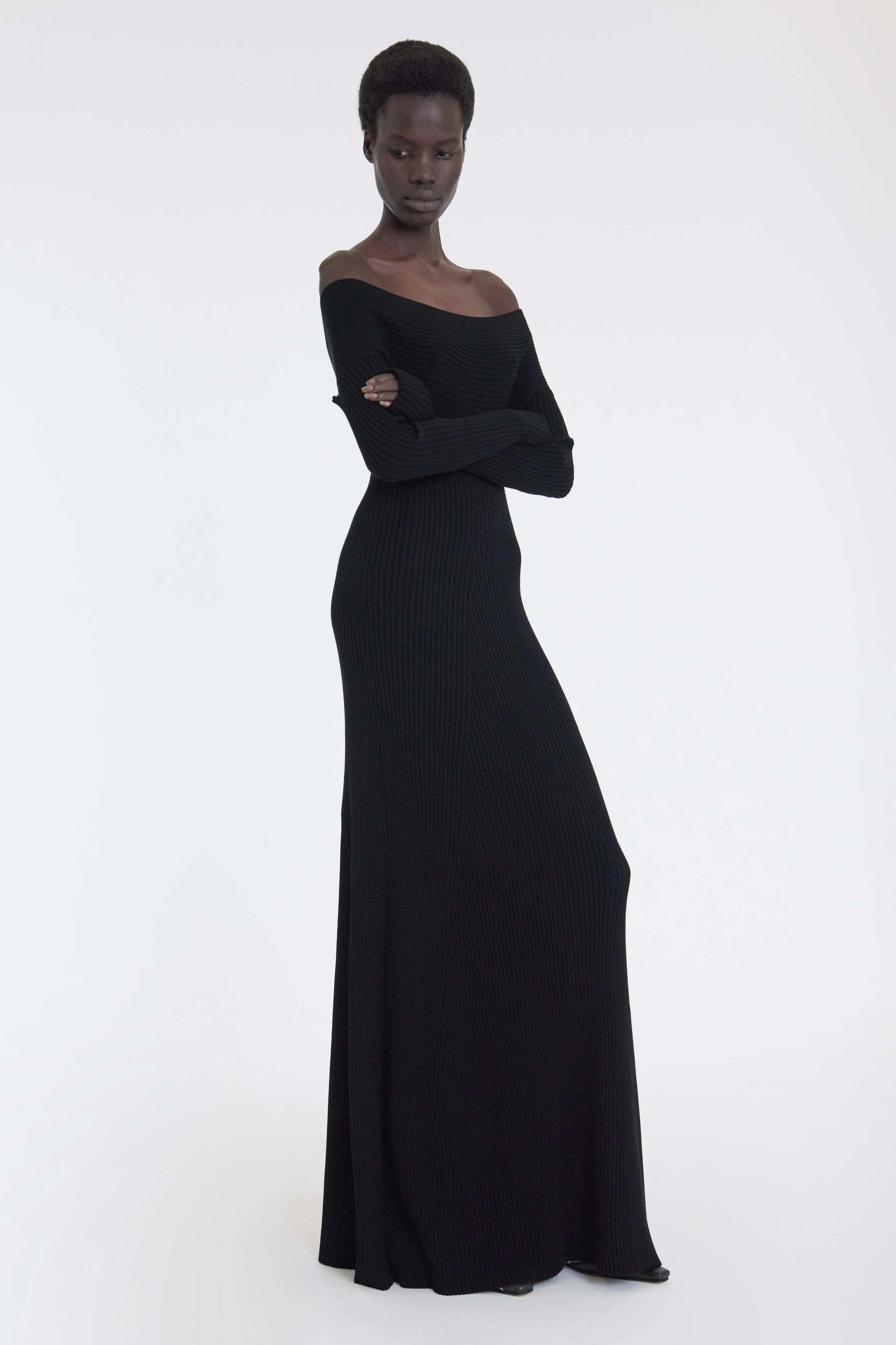 Knit Maxi Off Shoulder Dress Black