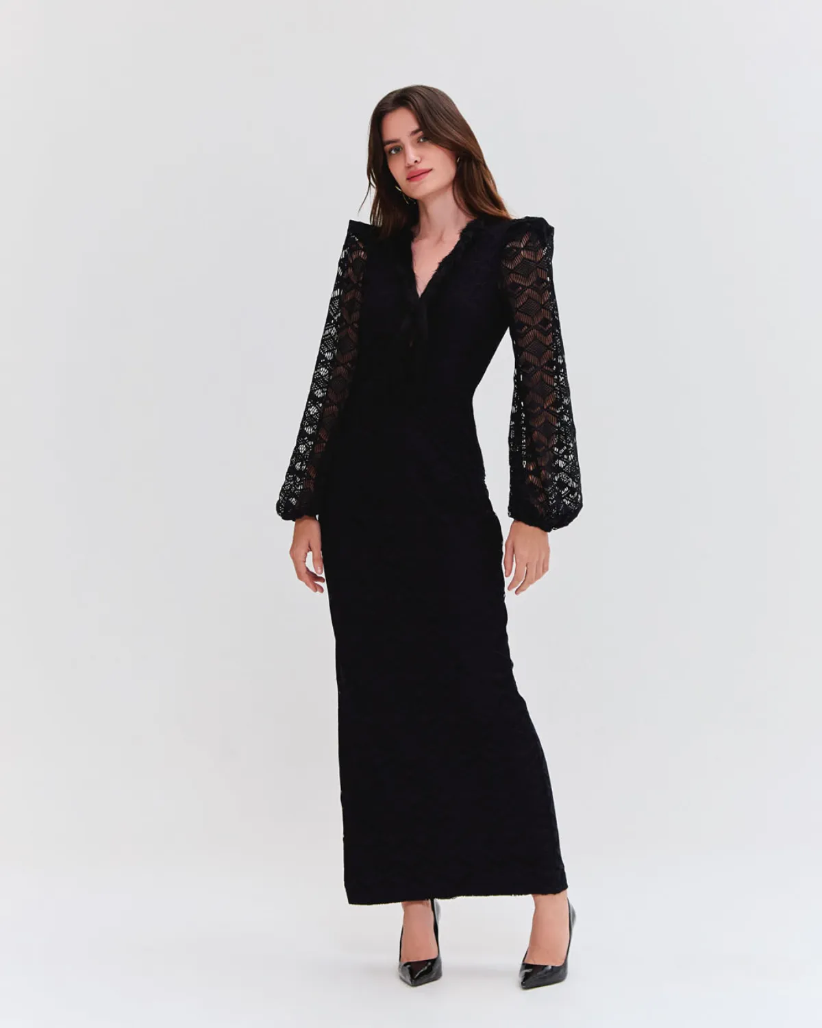 LACE DEEP V MIDI DRESS