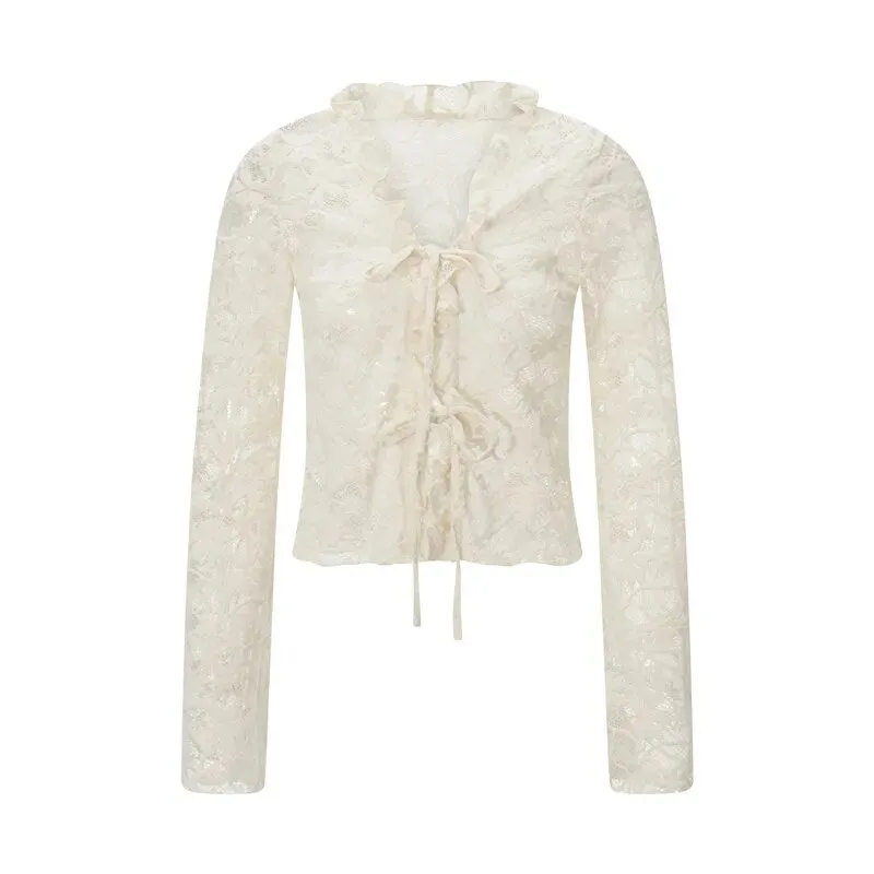 Lace Sheer Floral Flare Graceful Long Sleeve Front Tie Top