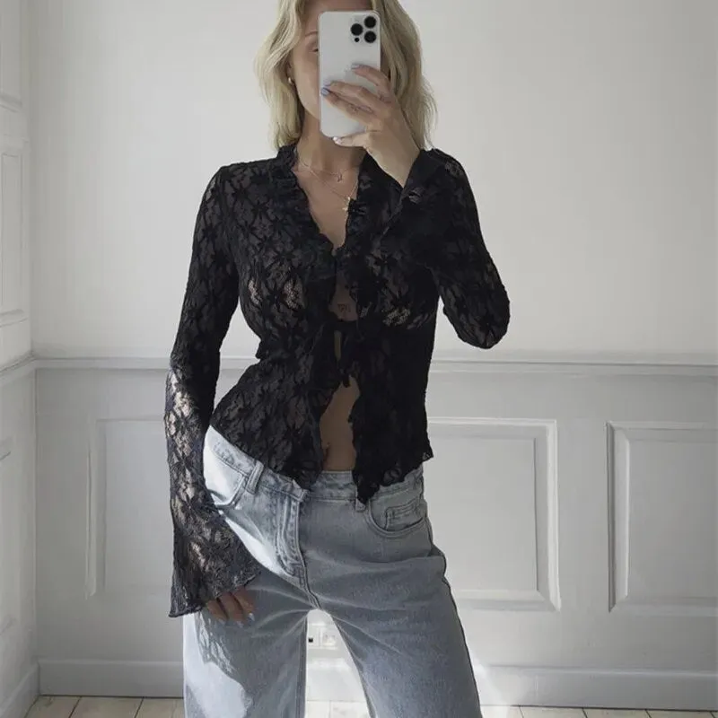 Lace Sheer Floral Flare Graceful Long Sleeve Front Tie Top