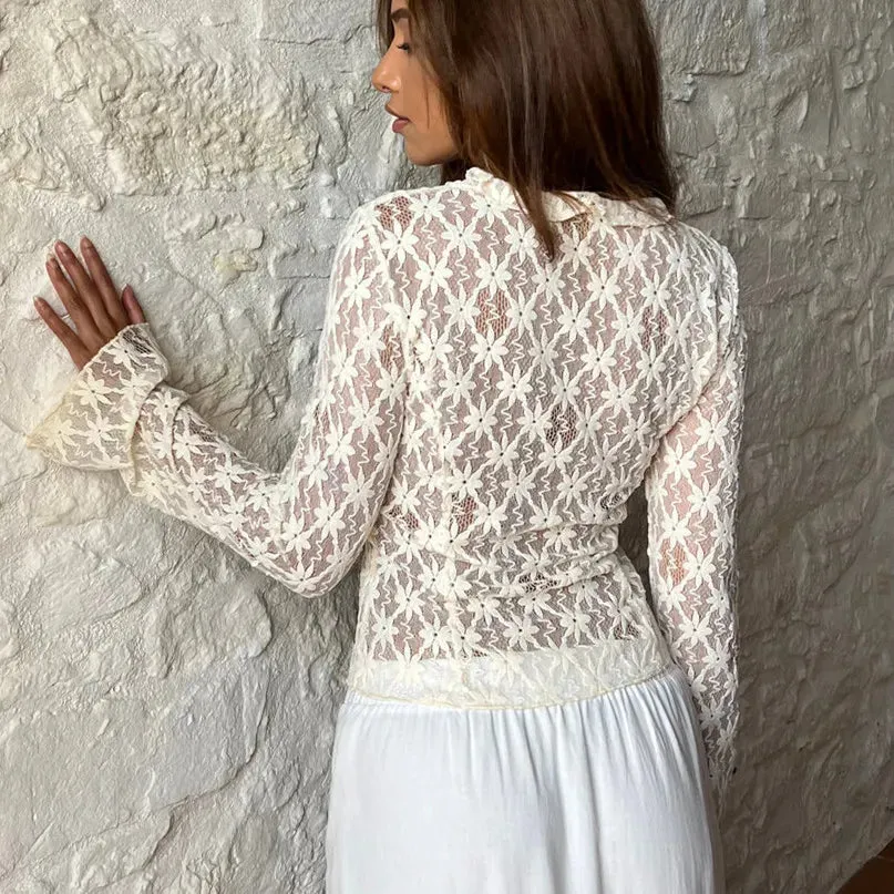 Lace Sheer Floral Flare Graceful Long Sleeve Front Tie Top