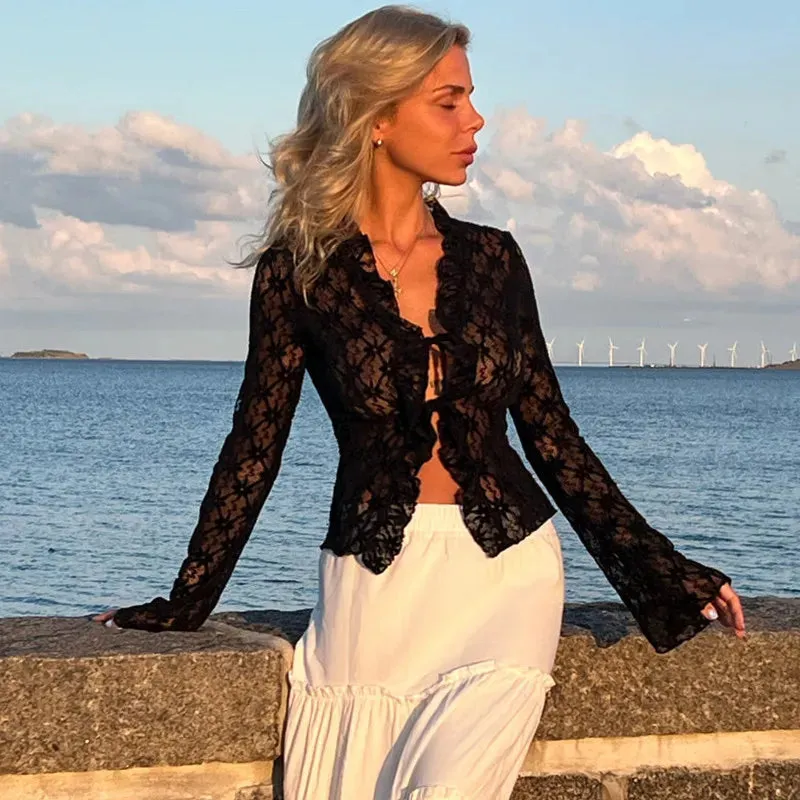 Lace Sheer Floral Flare Graceful Long Sleeve Front Tie Top