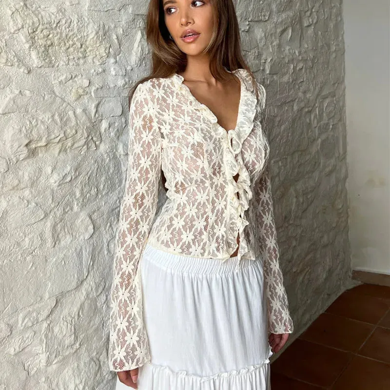 Lace Sheer Floral Flare Graceful Long Sleeve Front Tie Top