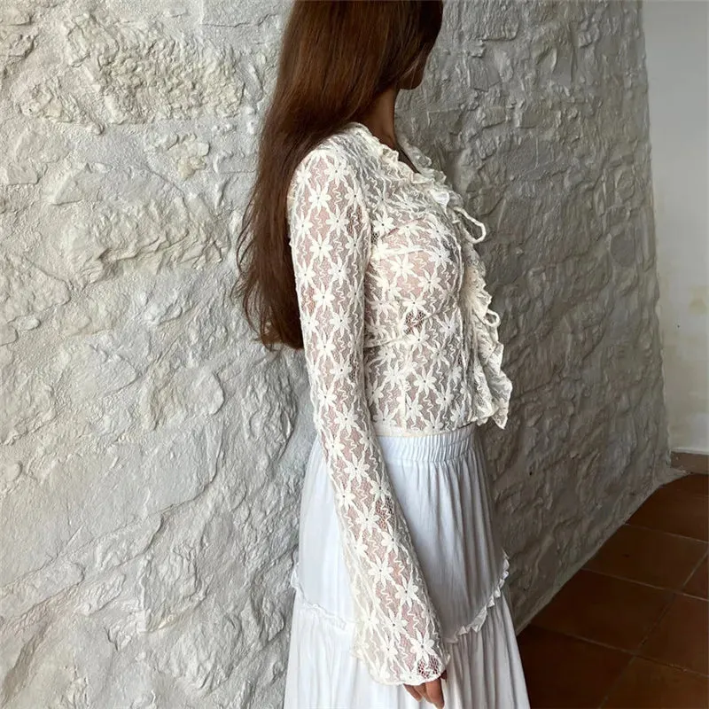 Lace Sheer Floral Flare Graceful Long Sleeve Front Tie Top