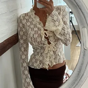 Lace Sheer Floral Flare Graceful Long Sleeve Front Tie Top