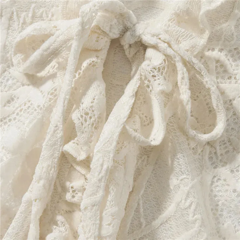 Lace Sheer Floral Flare Graceful Long Sleeve Front Tie Top